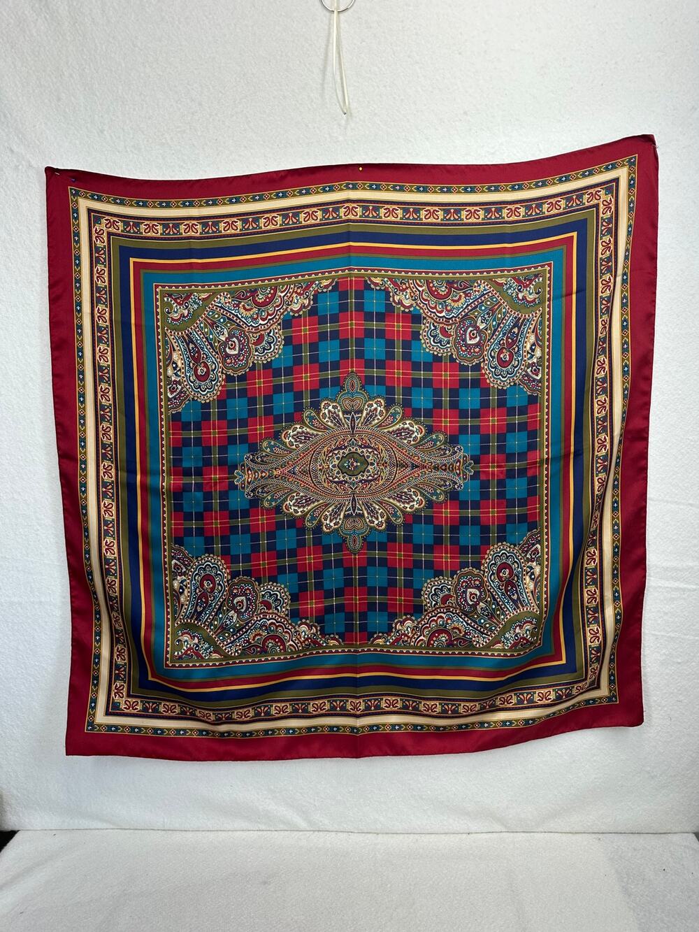 Plaid Paisley Patterned Large Square 100% Polyester Scarf 34 X 34